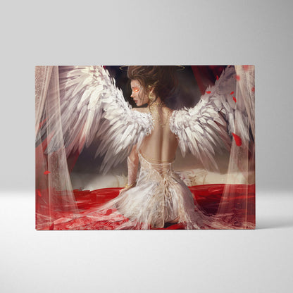 Elegant angel canvas wall art with white feather wings, flowing red fabric, and delicate lace details