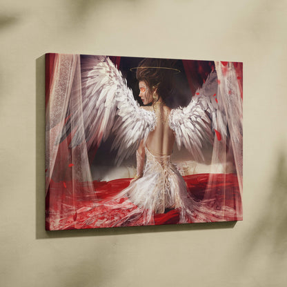 Elegant angel canvas wall art with white feather wings flowing ivory gown and gold jewelry celestial decor