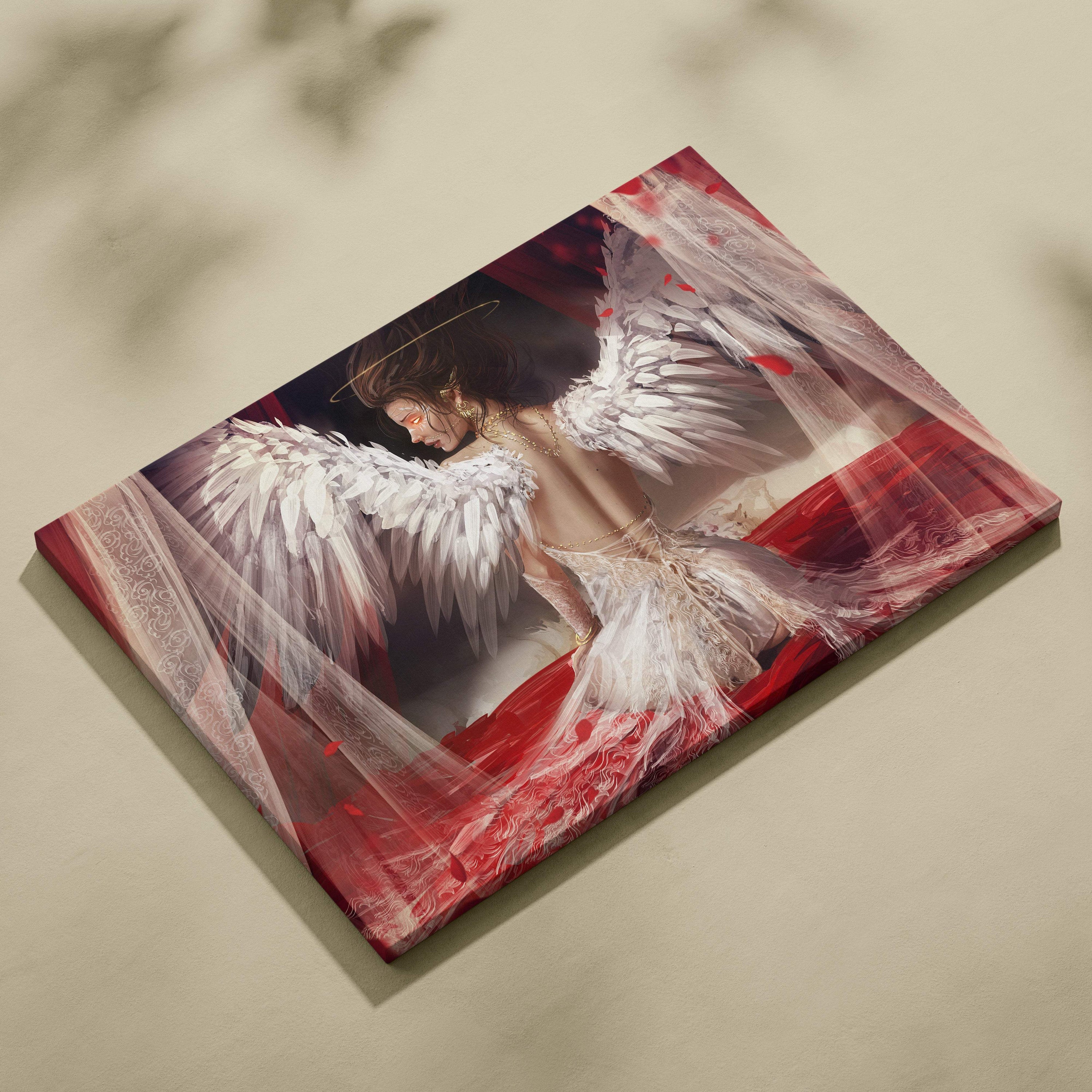 Rectangular canvas print of an elegant angel with white feather wings and flowing red fabric in soft lighting