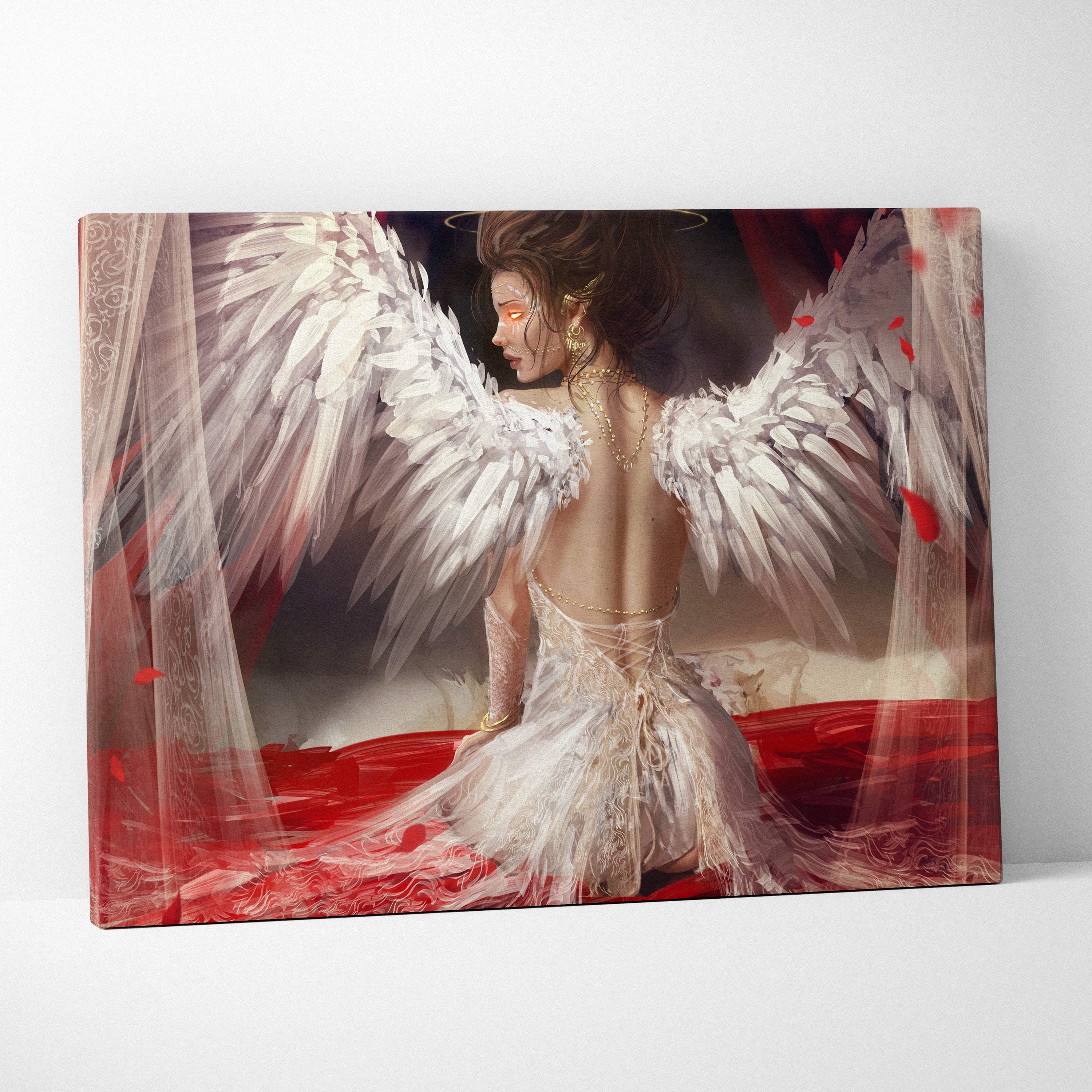 Elegant angel canvas wall art featuring a woman with large white feather wings in a soft ivory lace gown and gold jewelry