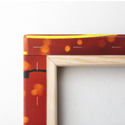 A wooden-framed canvas print of viking battle sunset wall art featuring fiery orange crimson abstract design with yellow accents