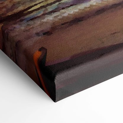 A textured canvas print of viking battle sunset wall art with earthy browns muted purples and fiery orange accents