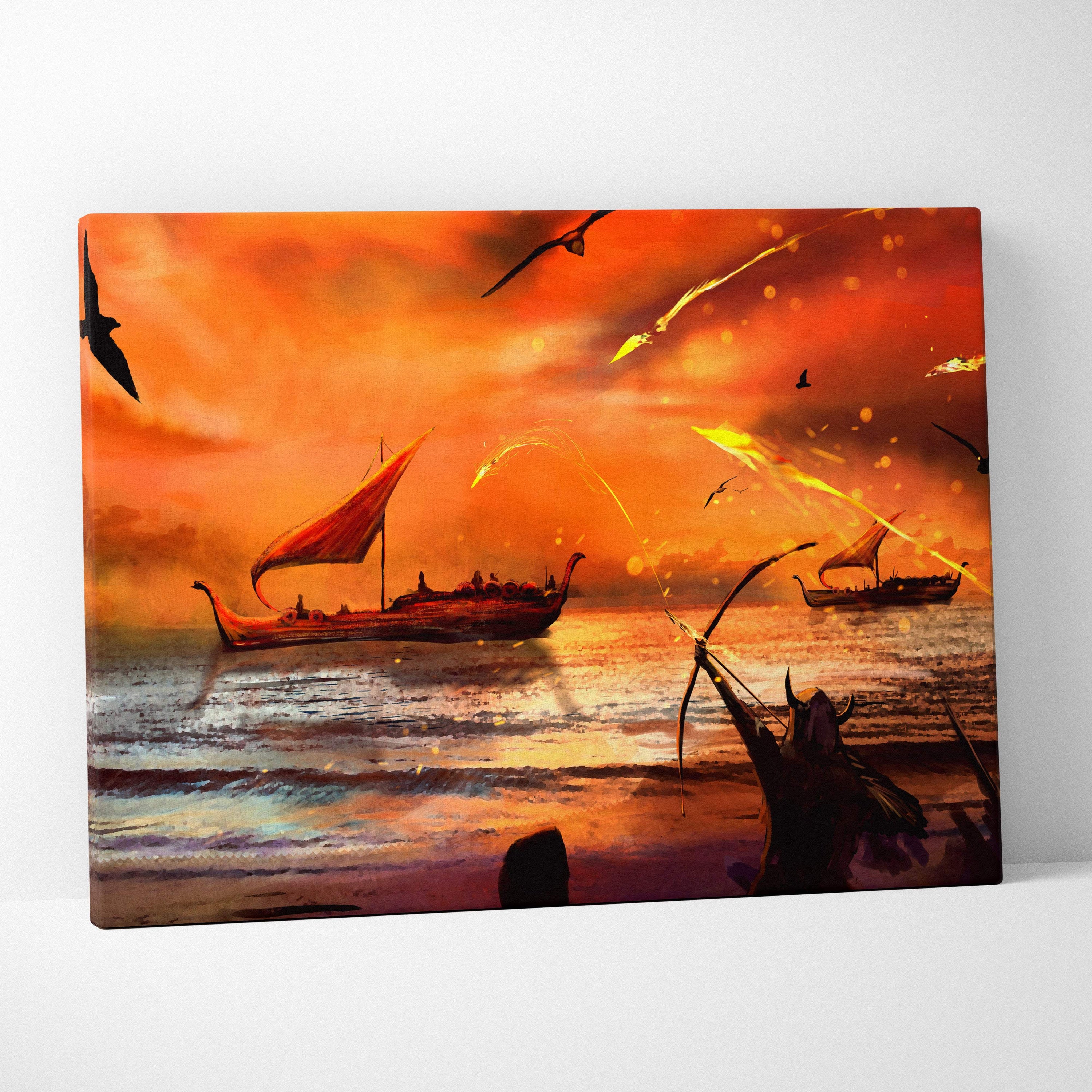 Viking battle sunset canvas wall art featuring fiery orange and crimson seascape with norse longships and birds in flight