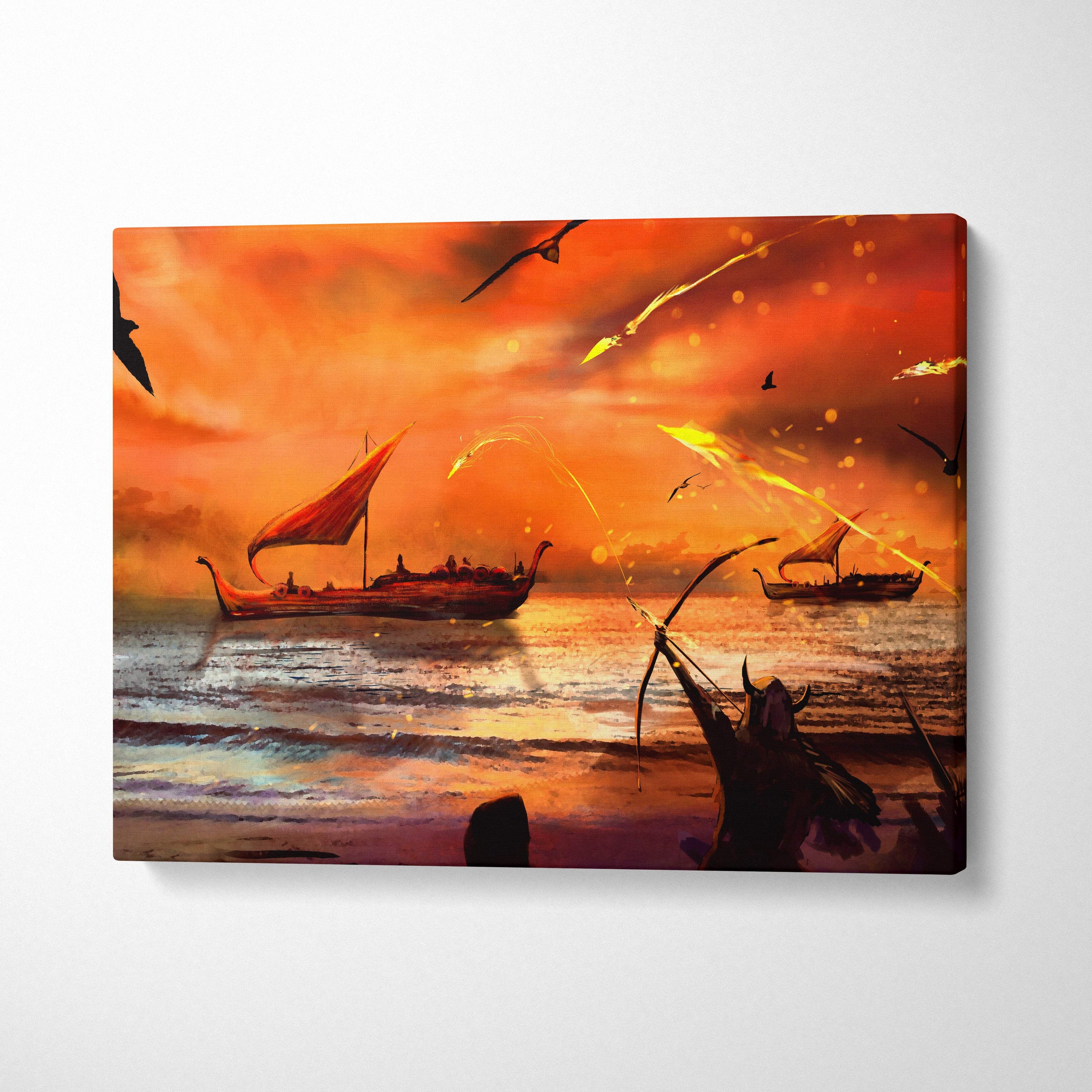 Viking battle sunset canvas wall art with vibrant orange and crimson seascape featuring norse longships and birds