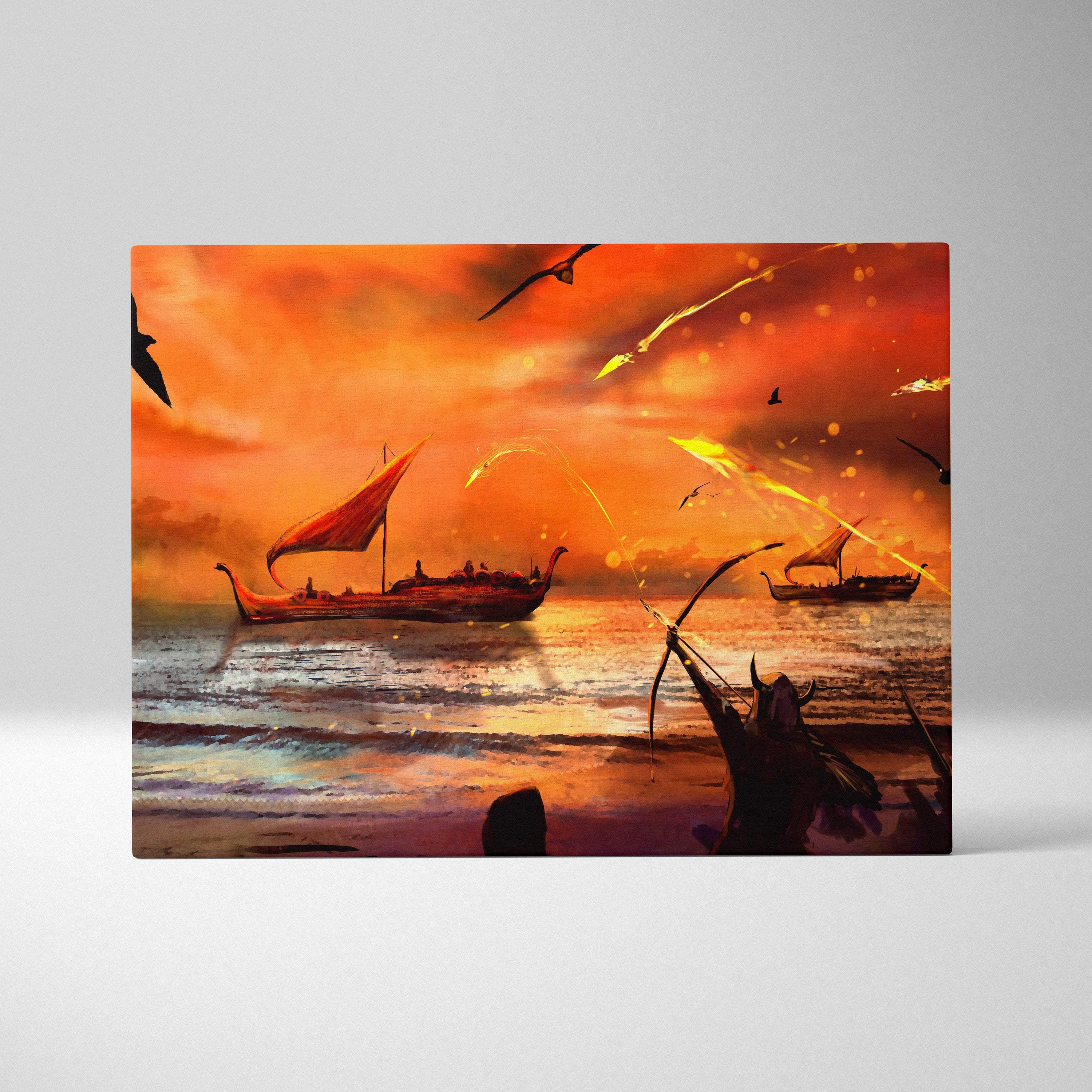 Viking battle sunset canvas wall art featuring vibrant orange and crimson norse longships and archer silhouette