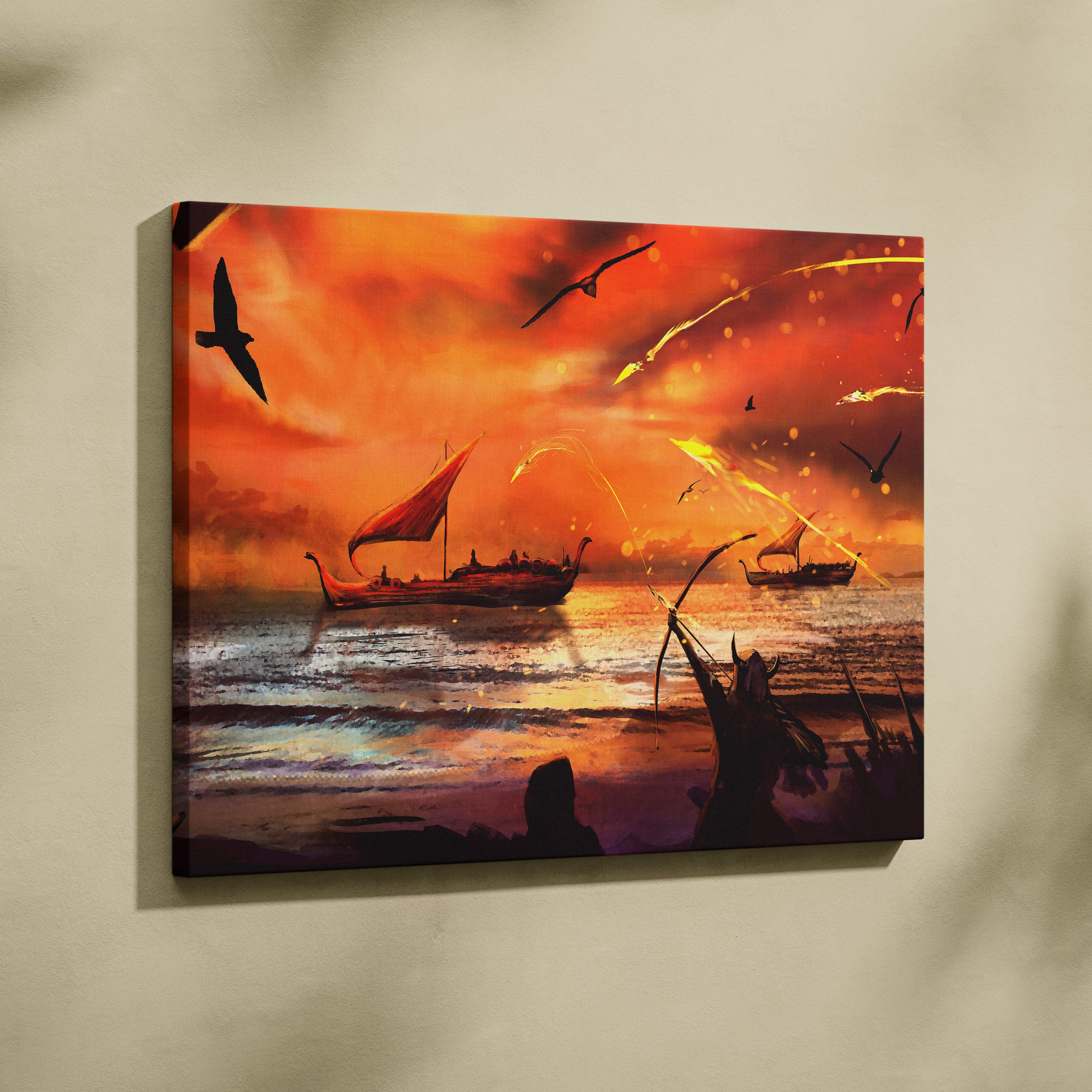 Viking battle sunset canvas wall art with fiery orange seascape featuring norse longships and archer silhouette design