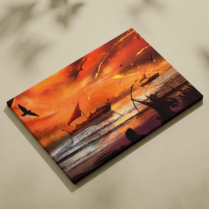 Viking battle sunset canvas wall art featuring vibrant orange and red fiery seascape with silhouetted norse longships and birds