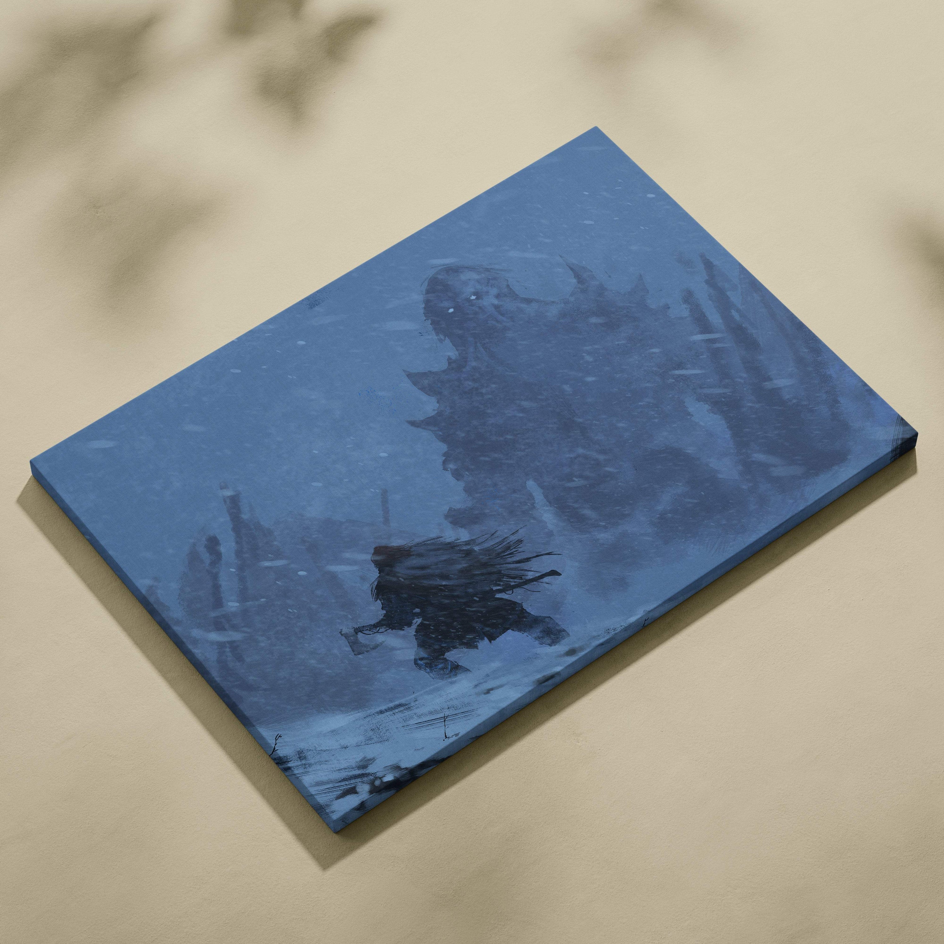 Blue canvas print showing a lone figure facing a massive shadowy creature in a snowy landscape for fantasy decor