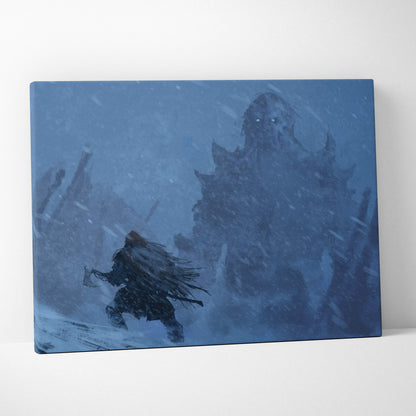 Blue canvas print of a lone warrior facing a shadowy monster in a snowstorm snow warrior monster wall art