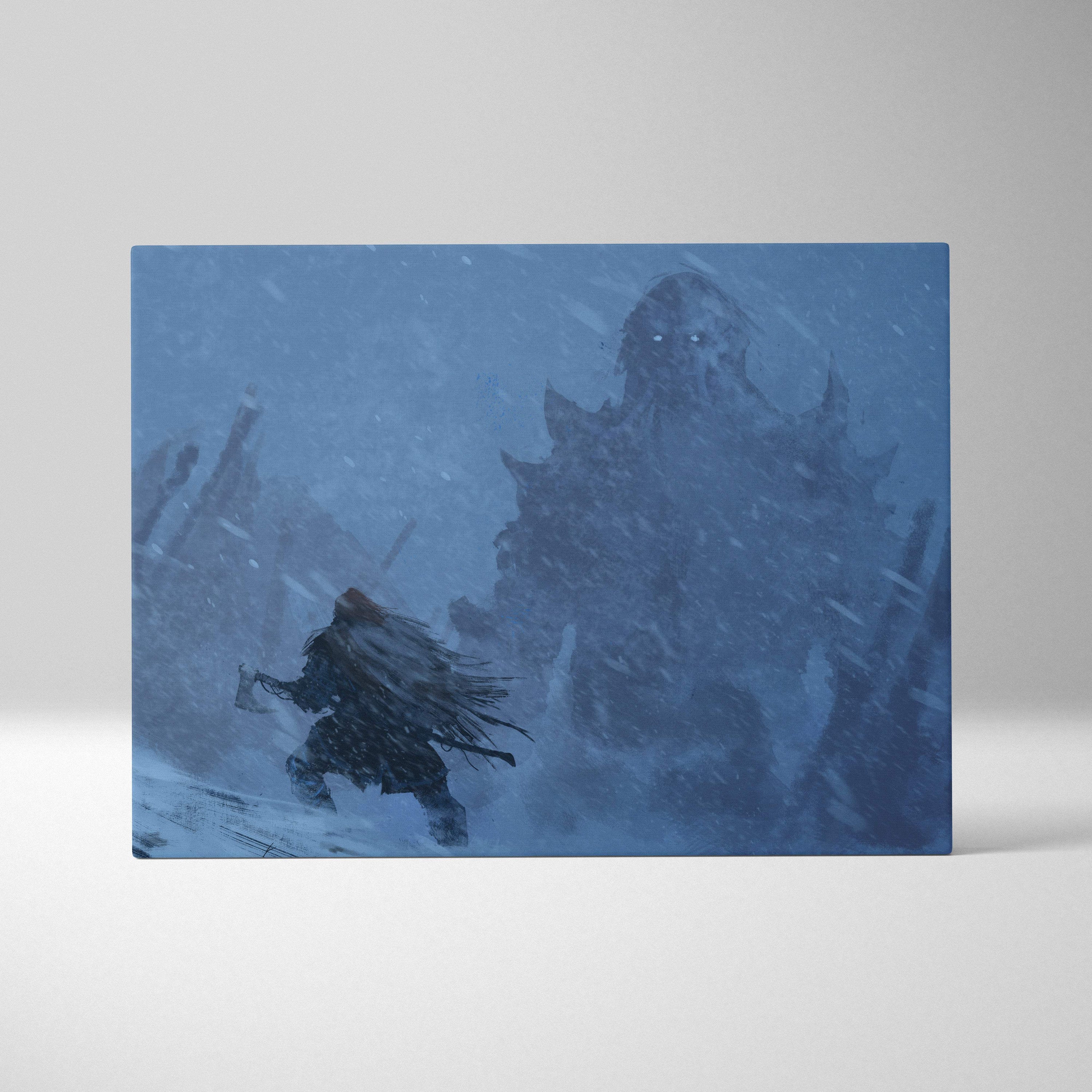 Blue-toned canvas print of a lone warrior facing a massive snow-covered monster in a stormy fantasy landscape