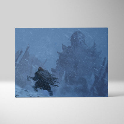 Blue-toned canvas print of a lone warrior facing a massive snow-covered monster in a stormy fantasy landscape