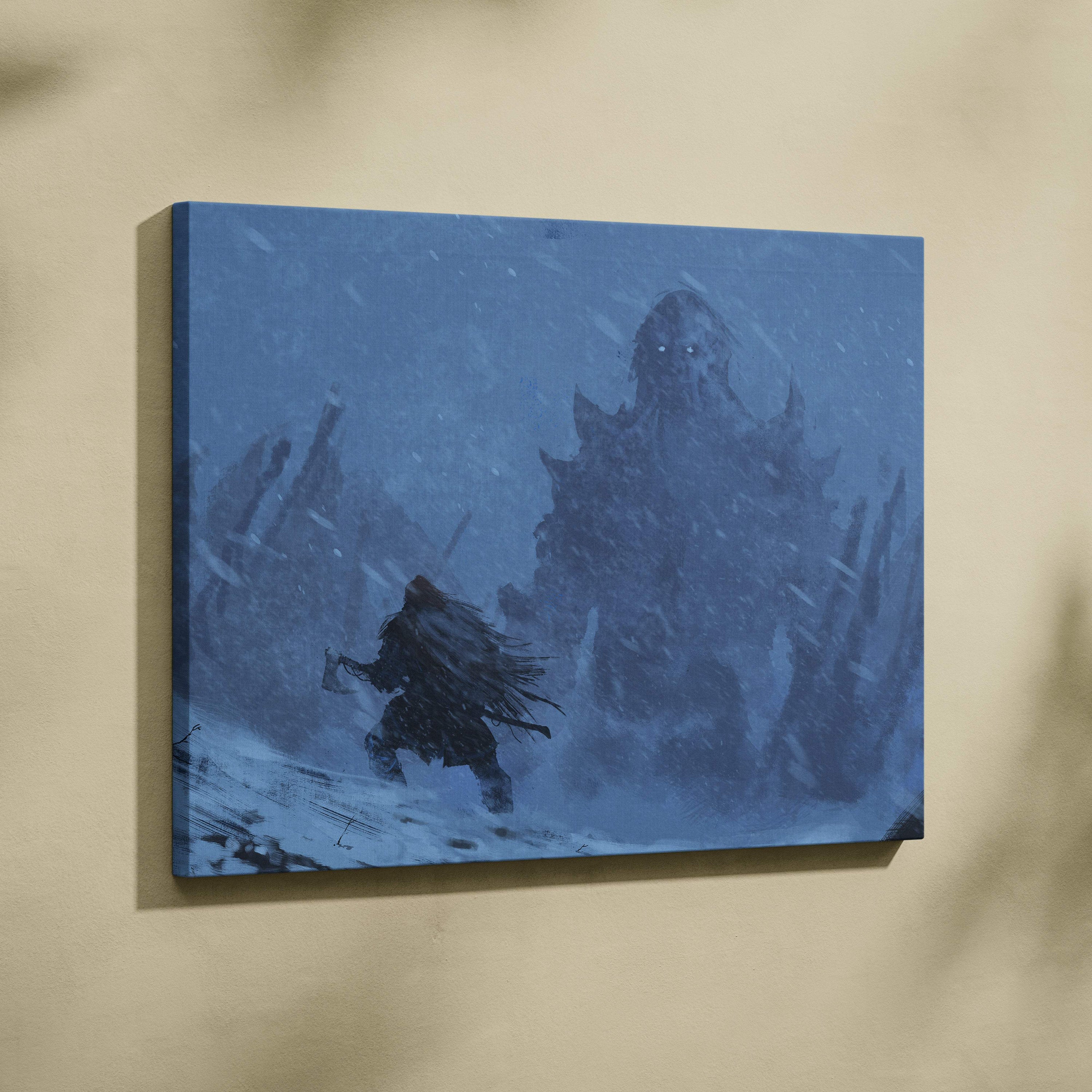 Blue canvas print of a lone warrior facing a towering snow-covered monster in a stormy fantasy landscape