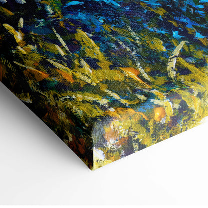 Sunlit forest path canvas print featuring vibrant blues yellows greens textured brushstrokes in oil painting style