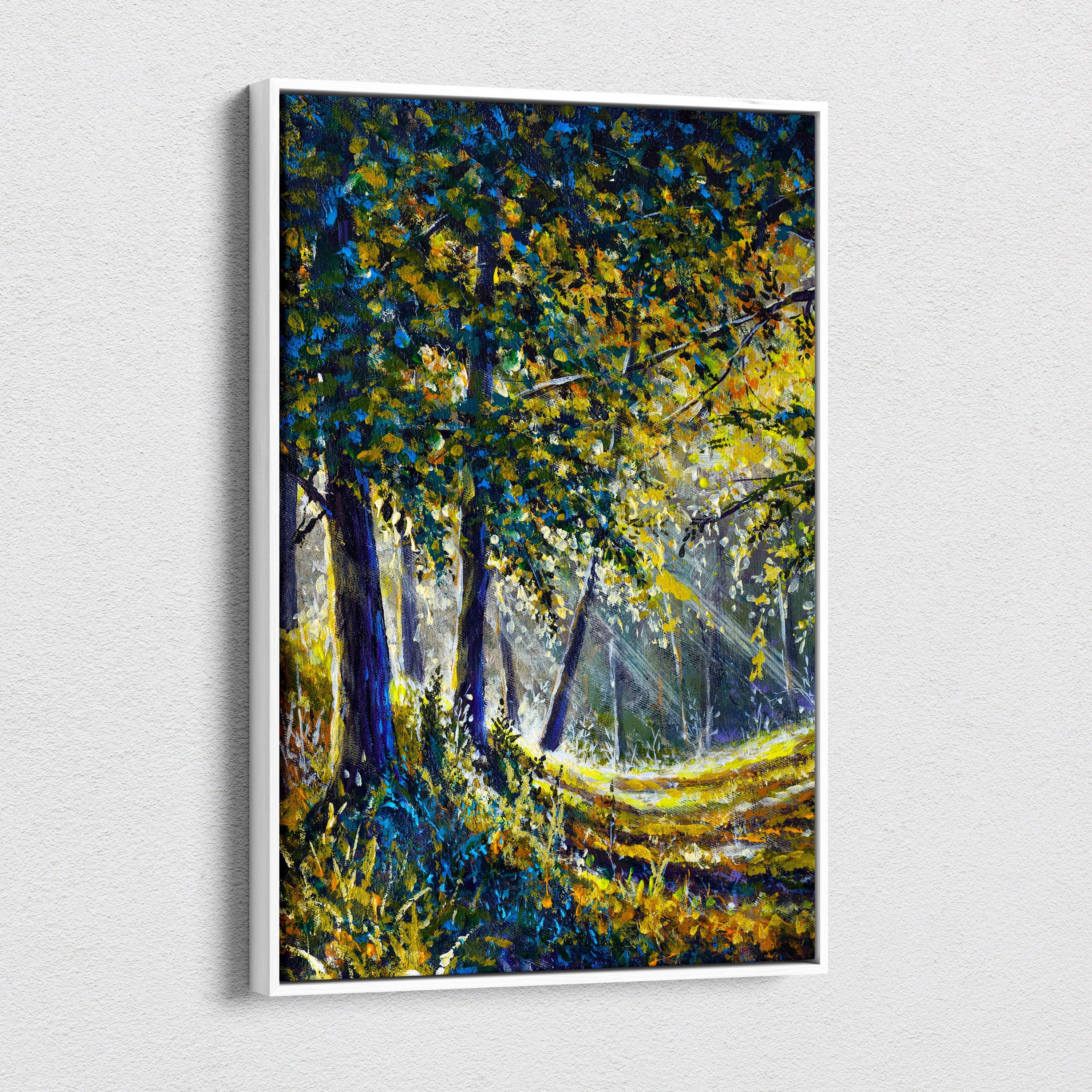 A vibrant impressionist style canvas print of a sunlit forest path with golden and blue foliage in a white frame
