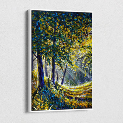 A vibrant impressionist style canvas print of a sunlit forest path with golden and blue foliage in a white frame