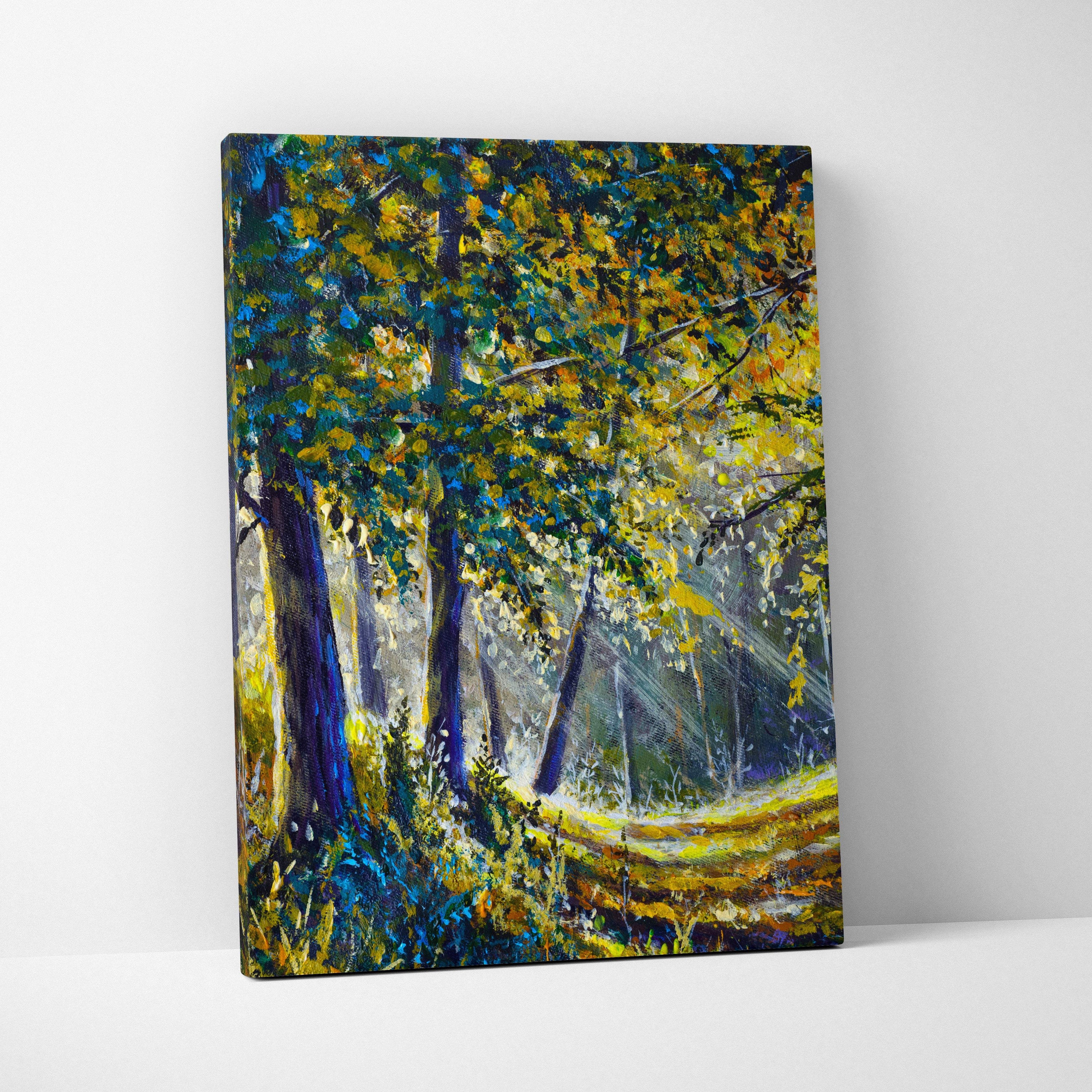 Sunlit forest path canvas print with vibrant impressionist oil painting of a sunlit forest in yellow green and blue tones