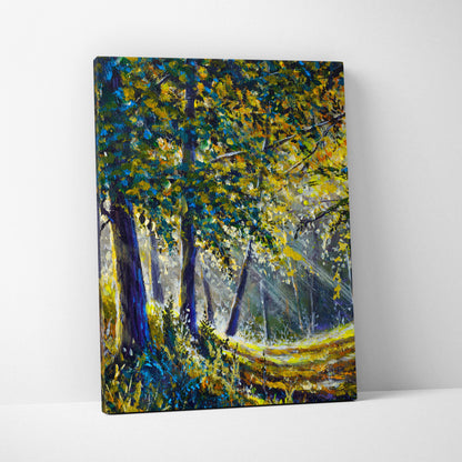 Sunlit forest path canvas print with vibrant impressionist oil painting of a sunlit forest in yellow green and blue tones