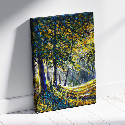 Sunlit forest path canvas print with bold green yellow and blue brushstrokes textured foliage and golden light rays