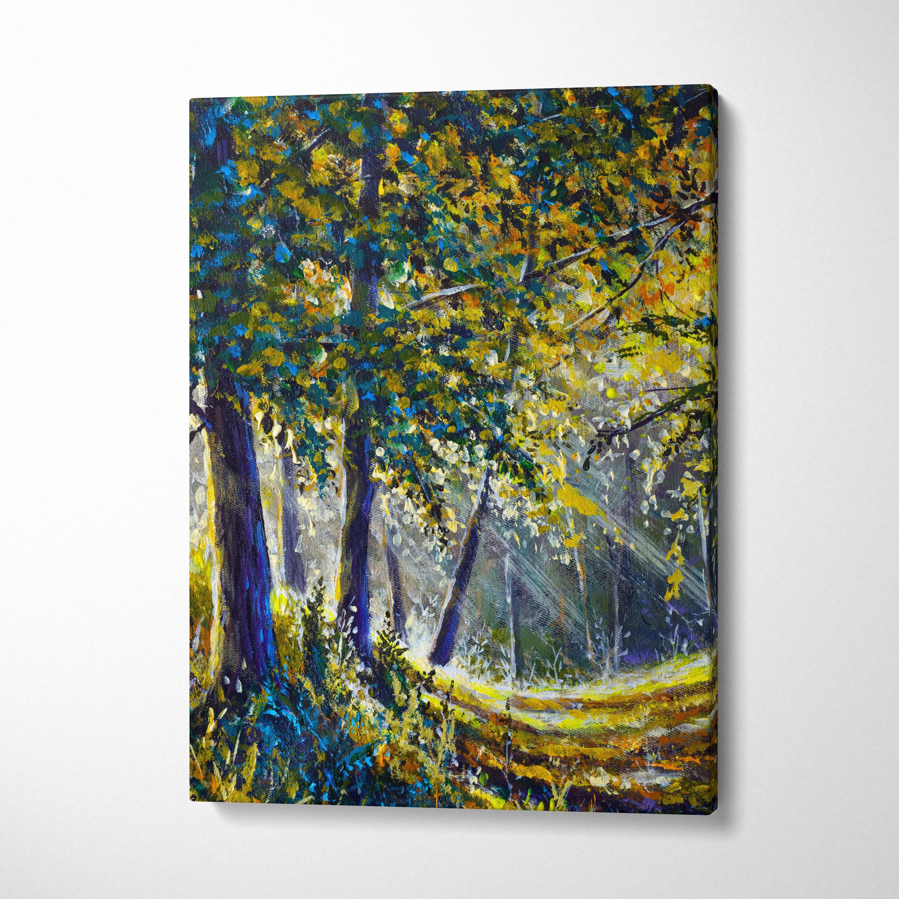 Sunlit forest path canvas print featuring vibrant yellow and blue foliage with textured impressionist brushstrokes