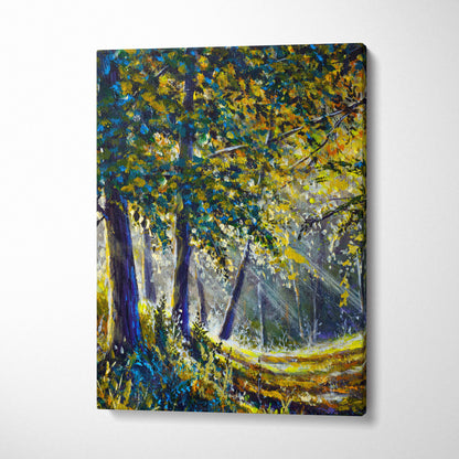 Sunlit forest path canvas print featuring vibrant yellow and blue foliage with textured impressionist brushstrokes