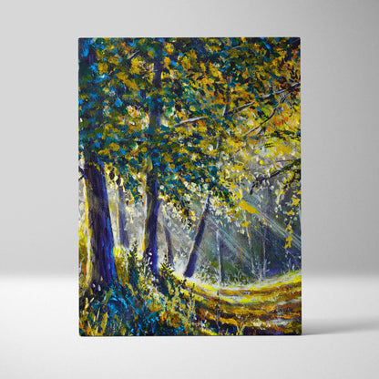 Sunlit forest path canvas print with vibrant yellow and blue foliage and textured brushstrokes capturing sunlight