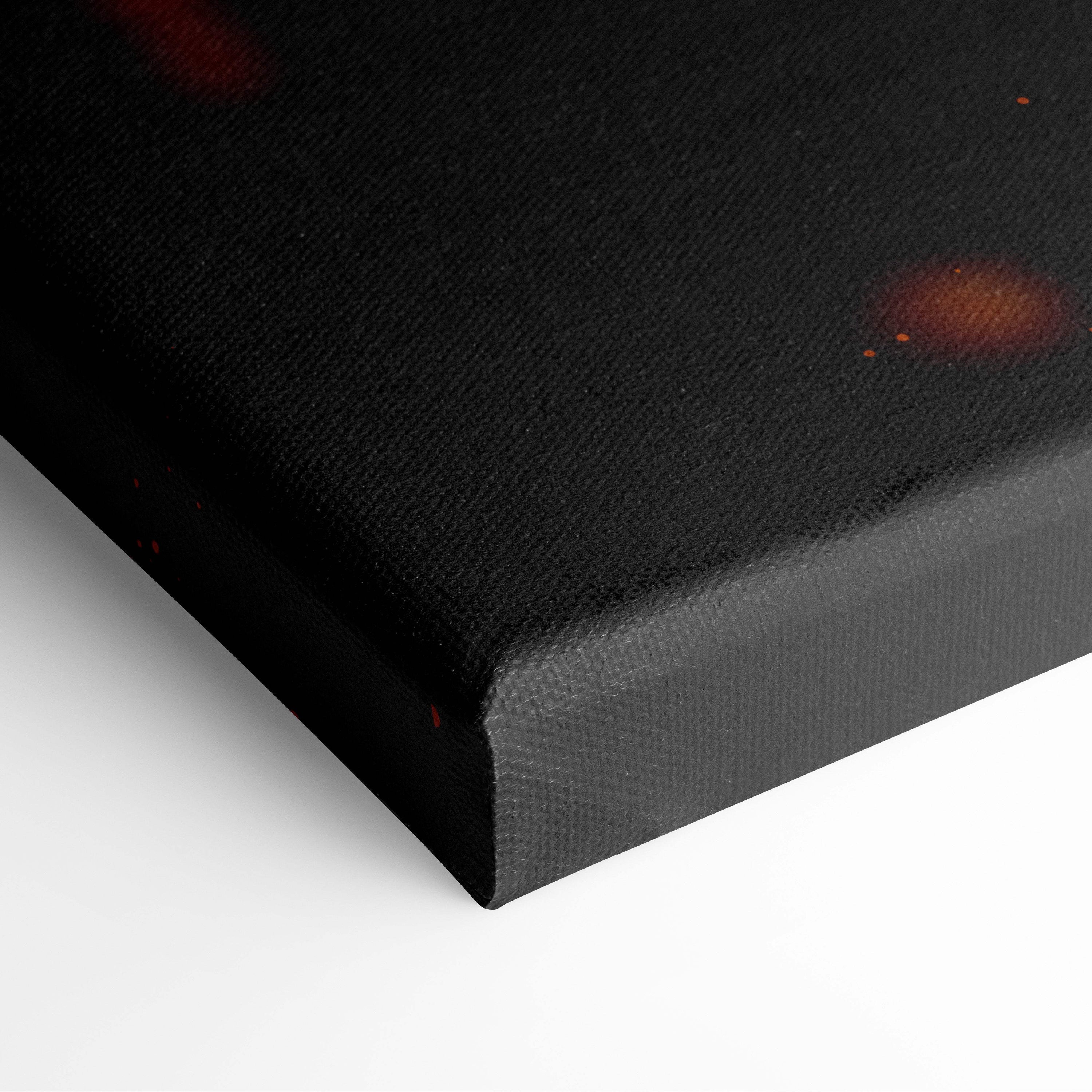 Dark fantasy inferno warrior black canvas print with fiery orange and red speckles for gothic wall decor