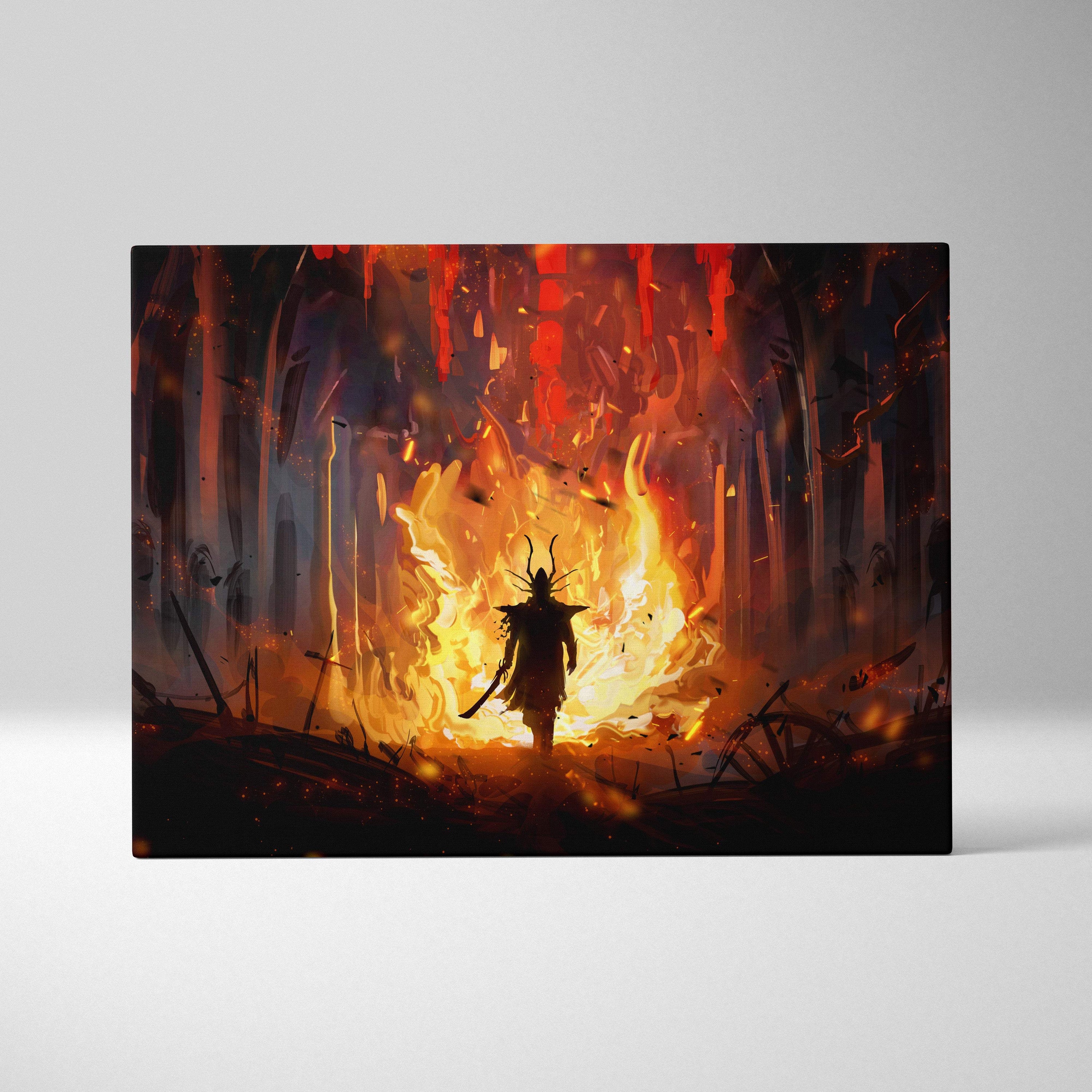 Dark fantasy inferno warrior canvas wall art with fiery orange and black silhouette in a burning forest scene