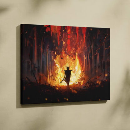 Dark fantasy inferno warrior canvas wall art featuring a fiery orange and black apocalyptic scene with a lone knight silhouette