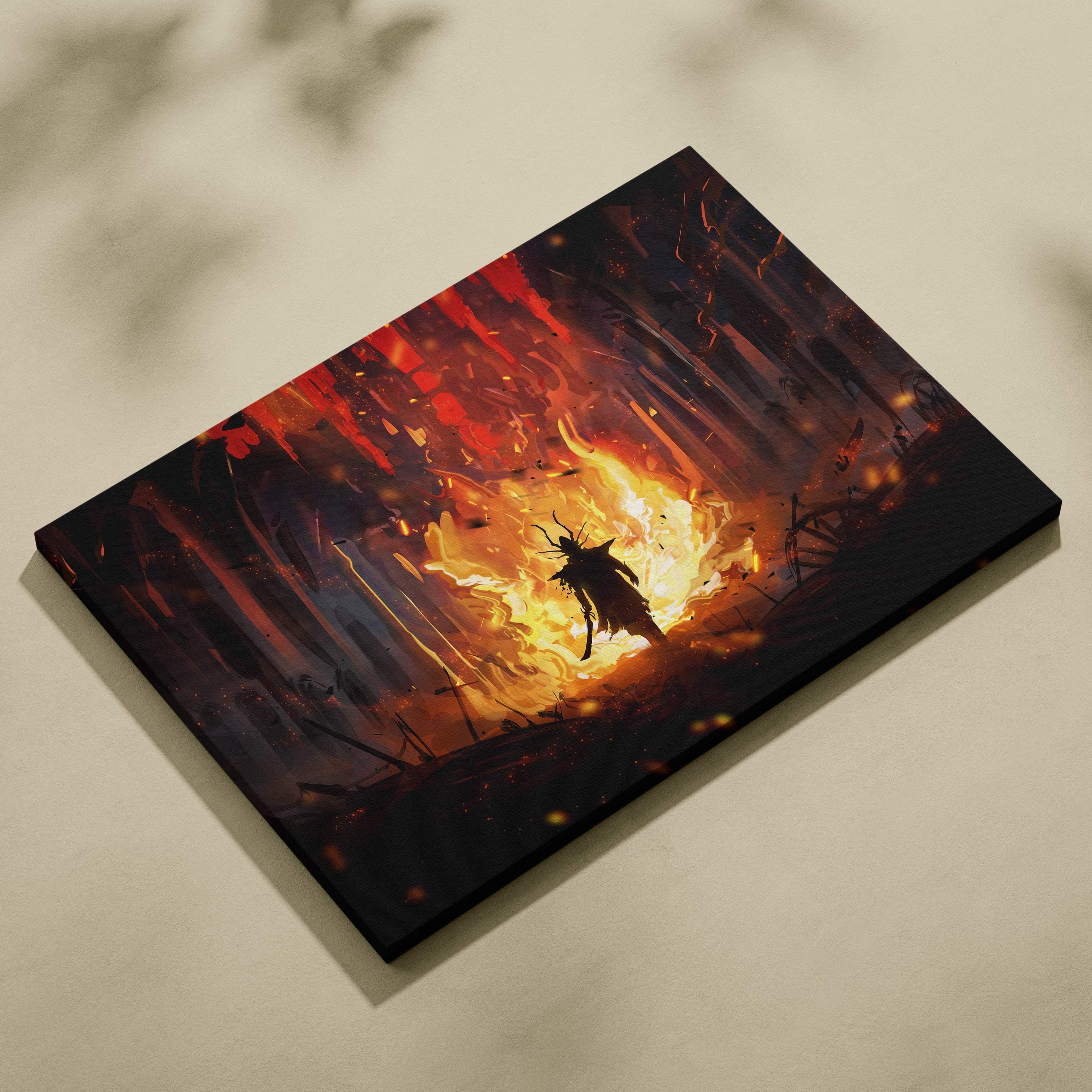 Dark fantasy inferno warrior canvas wall art featuring a fiery orange and black silhouette knight in a burning cathedral scene