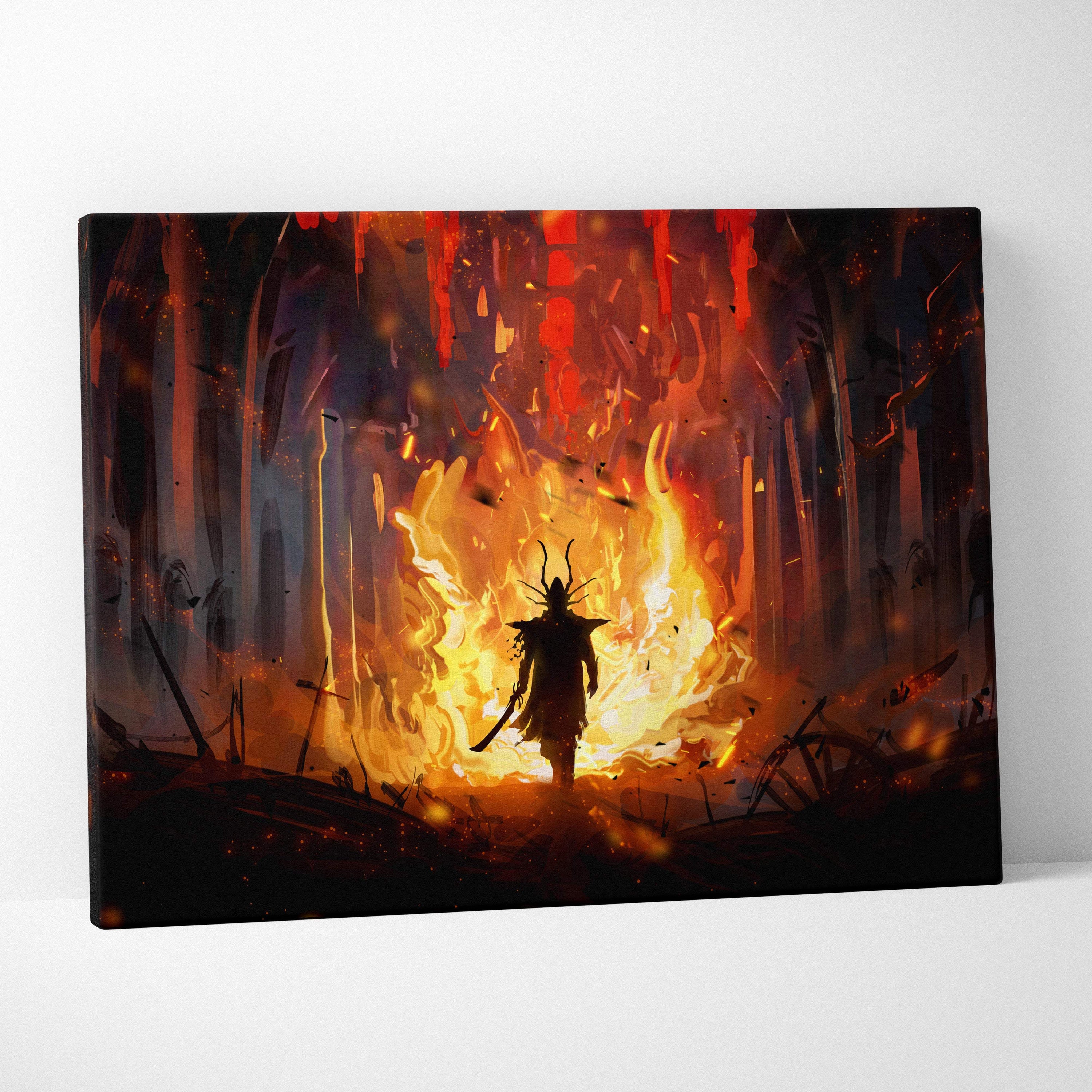 Dark fantasy inferno warrior canvas wall art showing a lone knight silhouette with fiery orange flames and dark ruins background