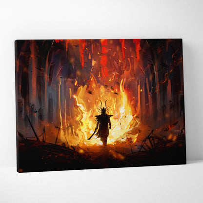 Dark fantasy inferno warrior canvas wall art showing a lone knight silhouette with fiery orange flames and dark ruins background