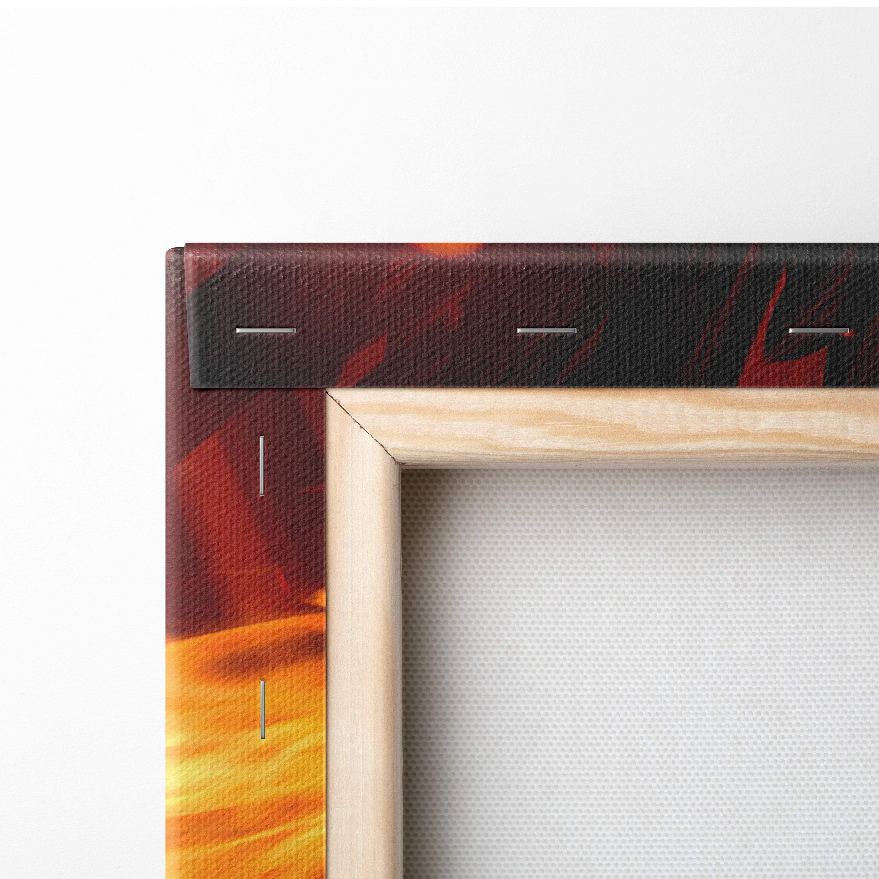 A wooden-framed canvas print with vibrant fiery orange and red abstract design for flaming dark knight wall art