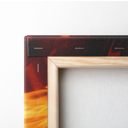 A wooden-framed canvas print with vibrant fiery orange and red abstract design for flaming dark knight wall art