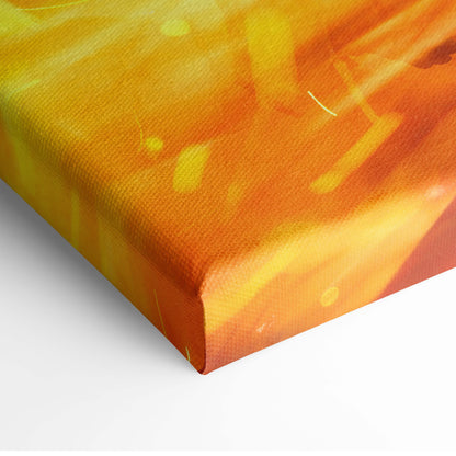 A vibrant flaming dark knight canvas wall art with bold orange and yellow streaks on textured linen surface