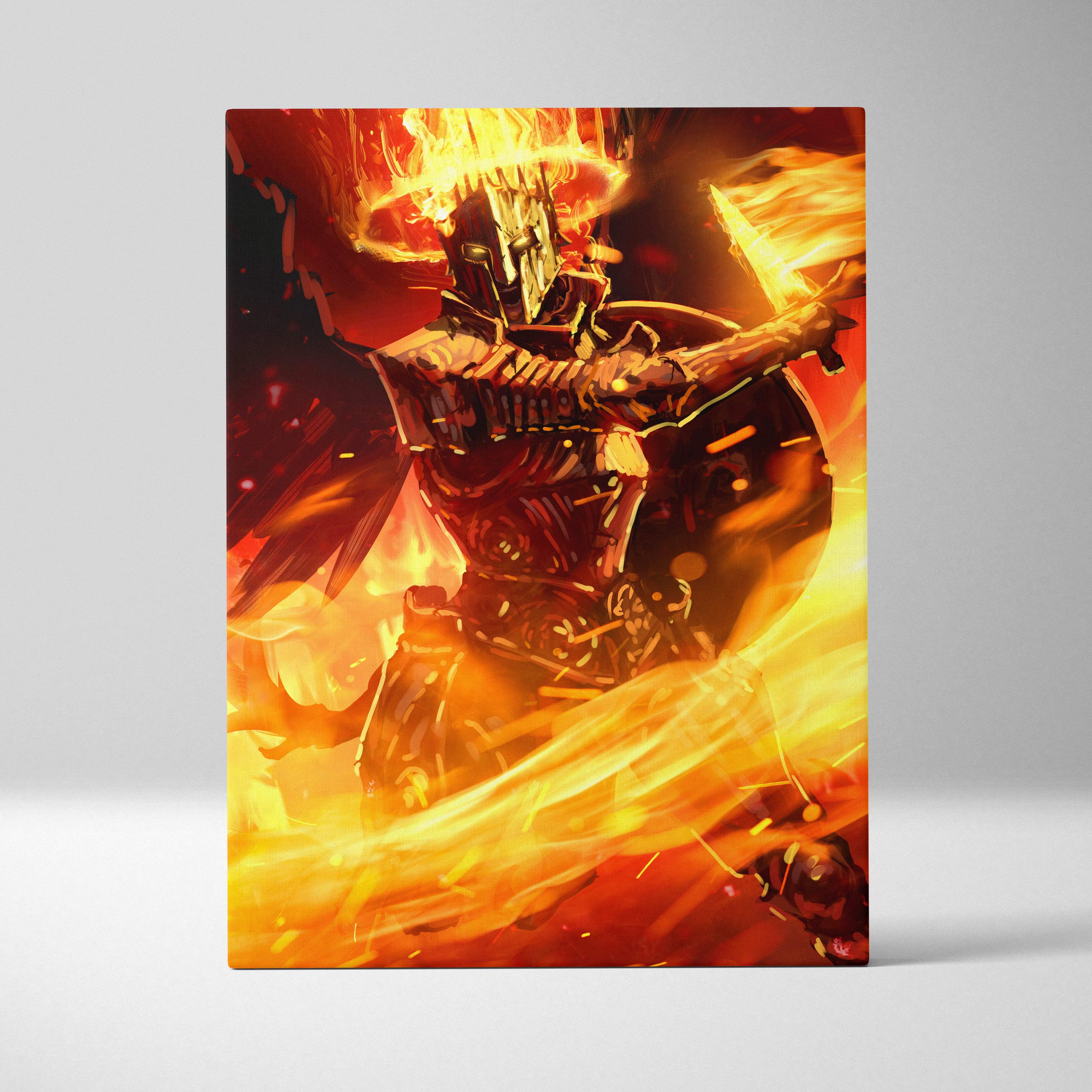 Vibrant fiery canvas wall art of an armored warrior engulfed in flames with fire sword and burning crown
