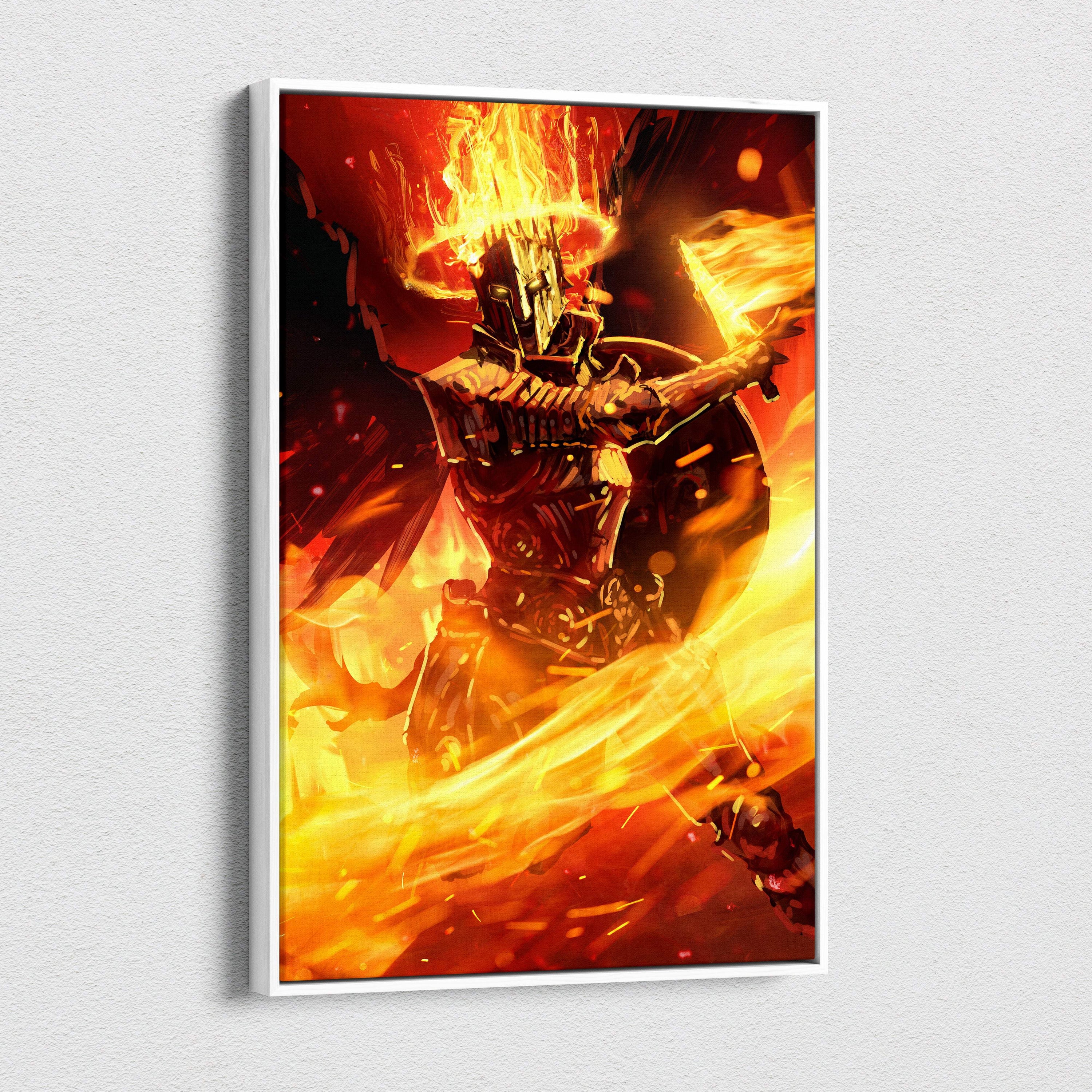 Framed canvas wall art of a fiery armored dark knight with glowing flames holding a burning crown fire sword and shield