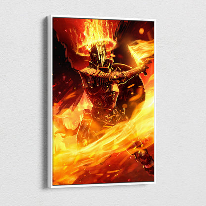 Framed canvas wall art of a fiery armored dark knight with glowing flames holding a burning crown fire sword and shield