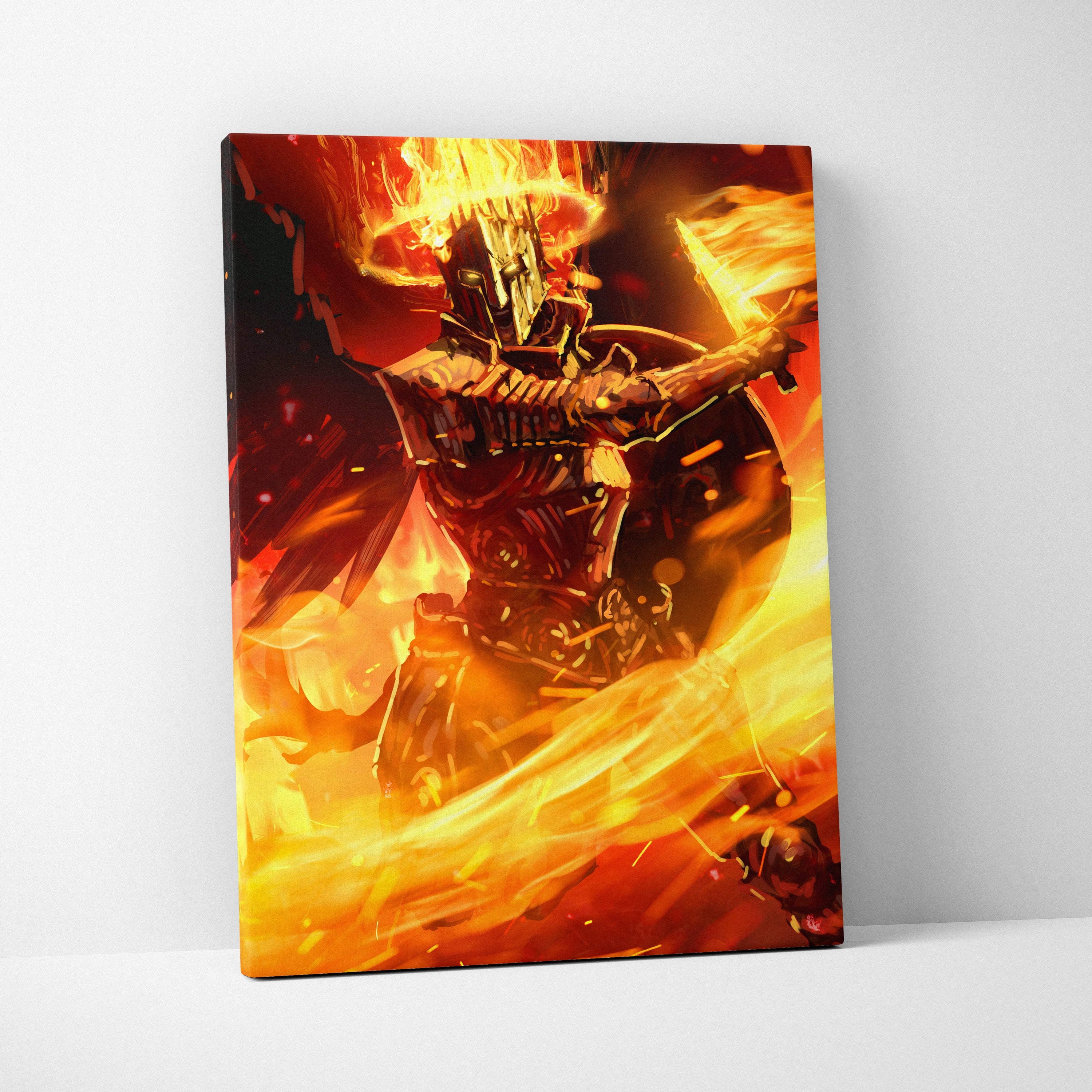Fiery armored warrior with burning crown fire sword and shield on vibrant orange and red flames canvas wall art