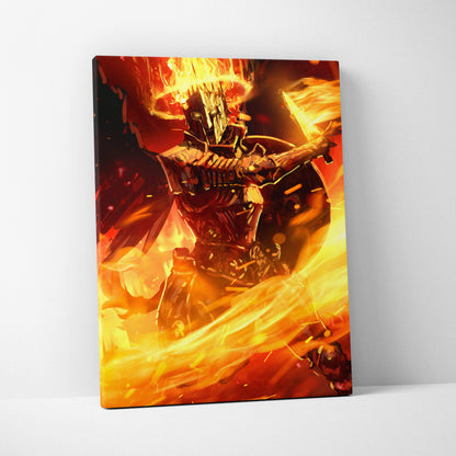 Fiery armored warrior with burning crown fire sword and shield on vibrant orange and red flames canvas wall art