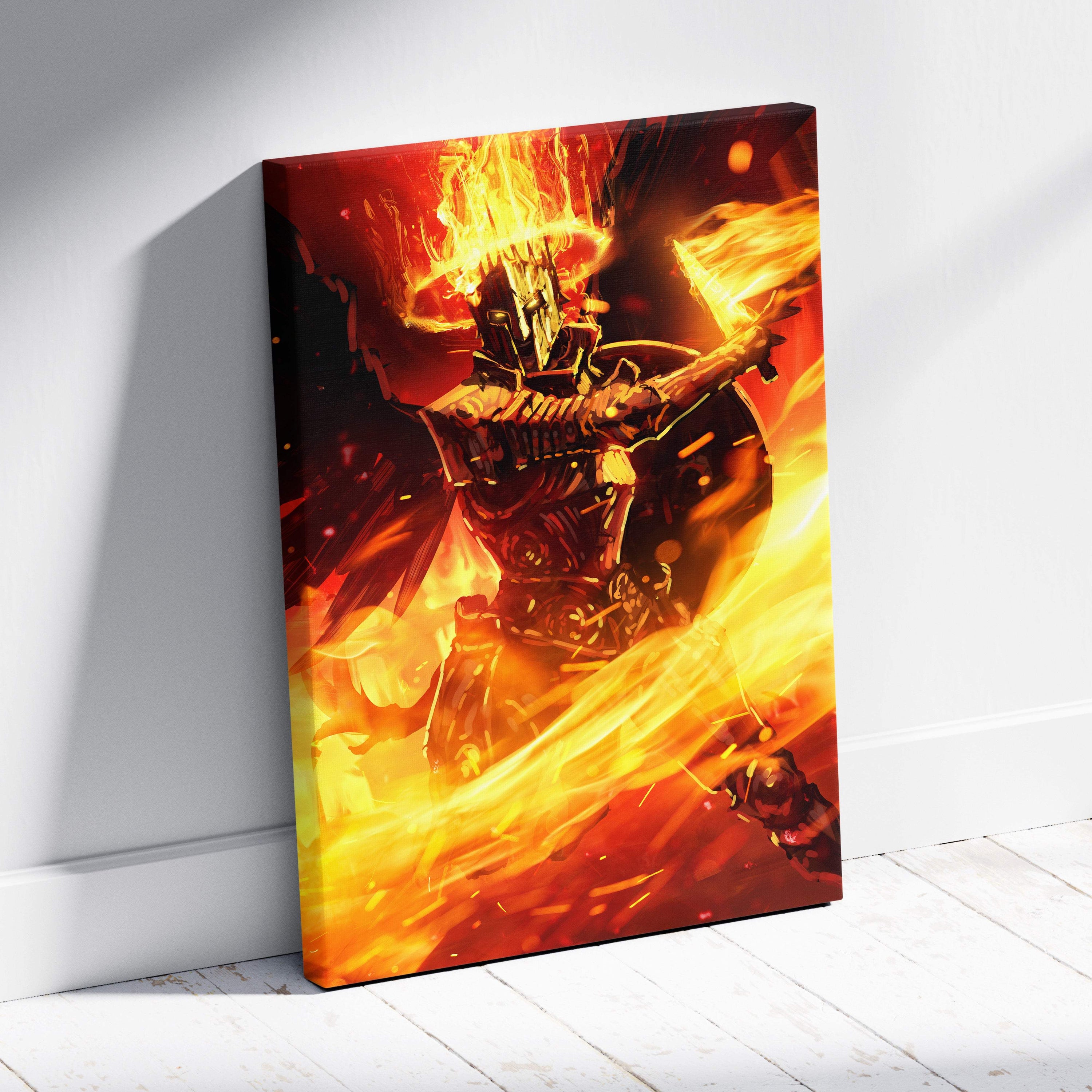 Vibrant flaming dark knight canvas wall art depicting a fiery armored warrior in reds and oranges in battle pose