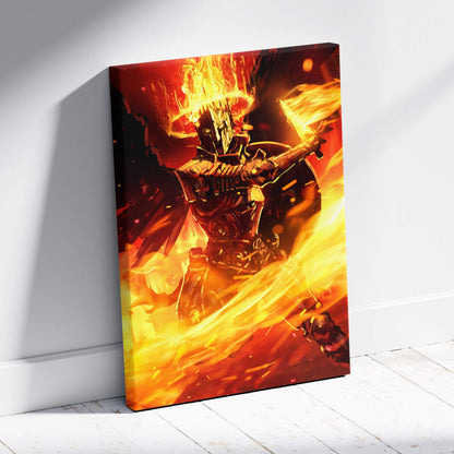 Vibrant flaming dark knight canvas wall art depicting a fiery armored warrior in reds and oranges in battle pose