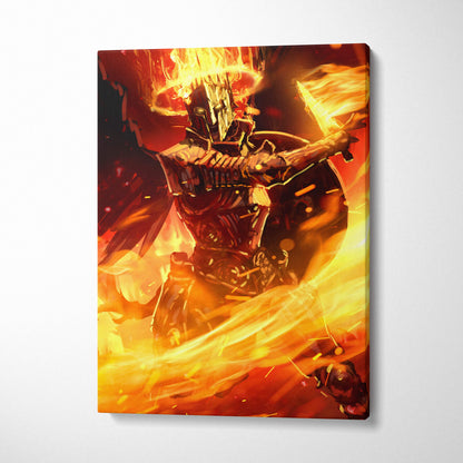Flaming dark knight canvas wall art featuring vibrant orange and red fiery armored warrior with fire sword and shield