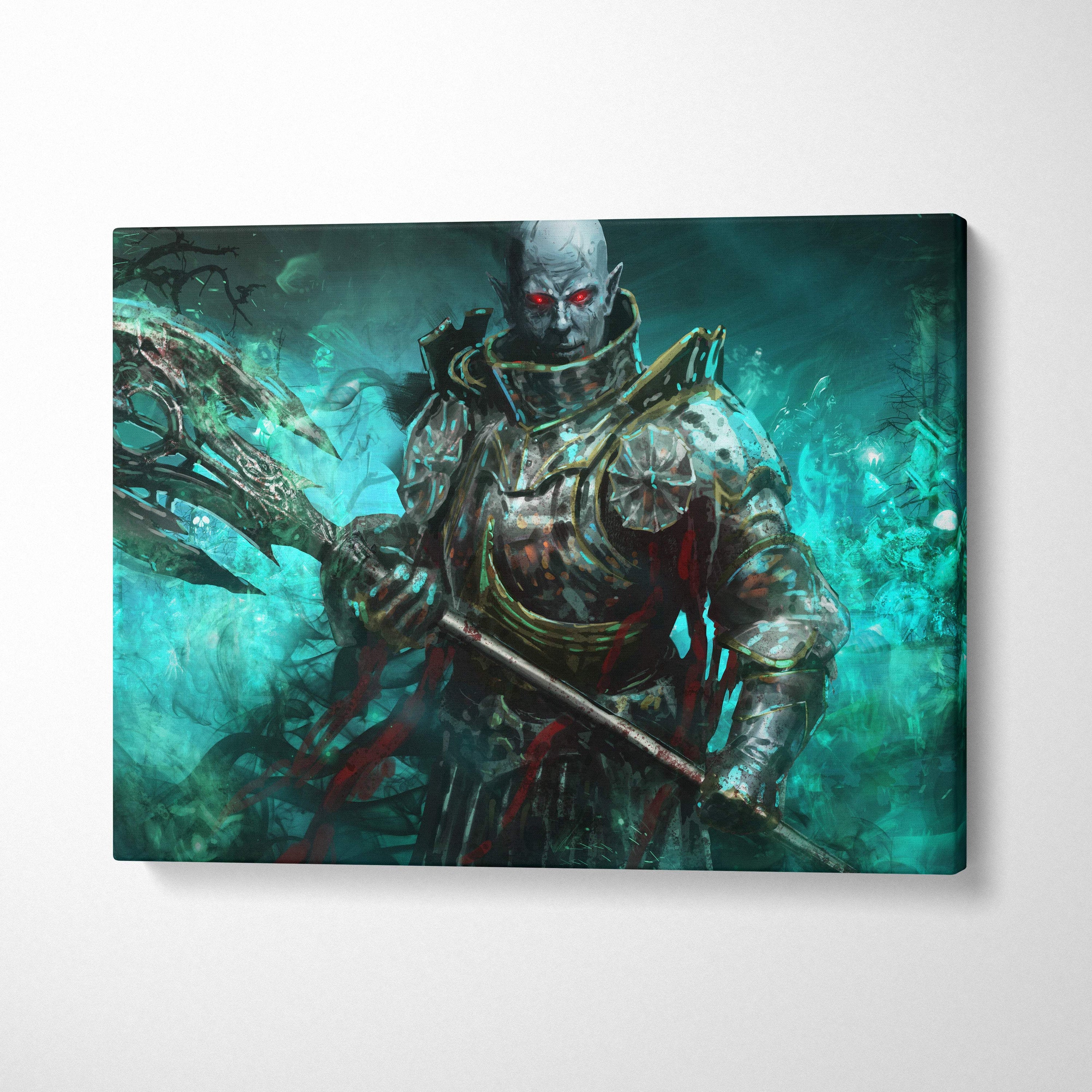 Dark fantasy undead warrior canvas print with glowing red eyes and metallic armor on dark teal background