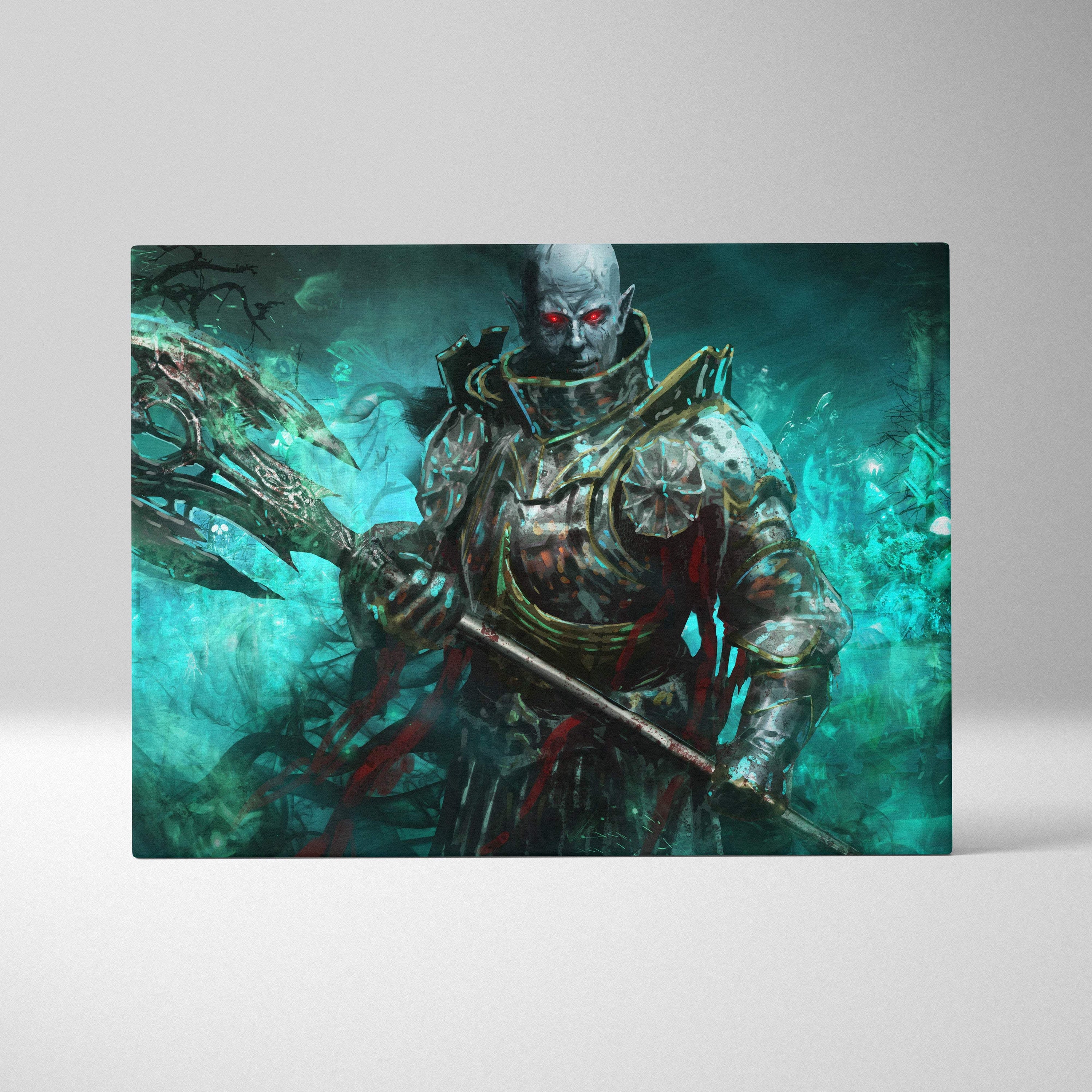 Dark fantasy undead warrior canvas wall art featuring an armored knight with glowing red eyes on a teal misty background