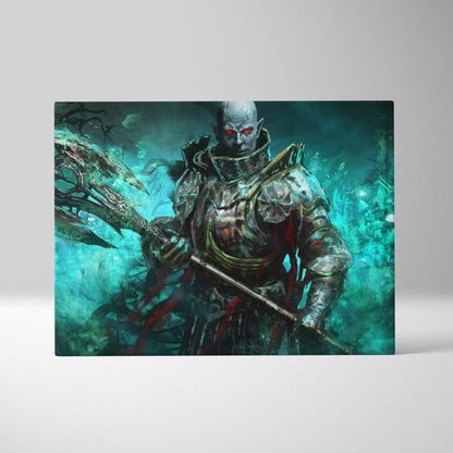 Dark fantasy undead warrior canvas wall art featuring an armored knight with glowing red eyes on a teal misty background