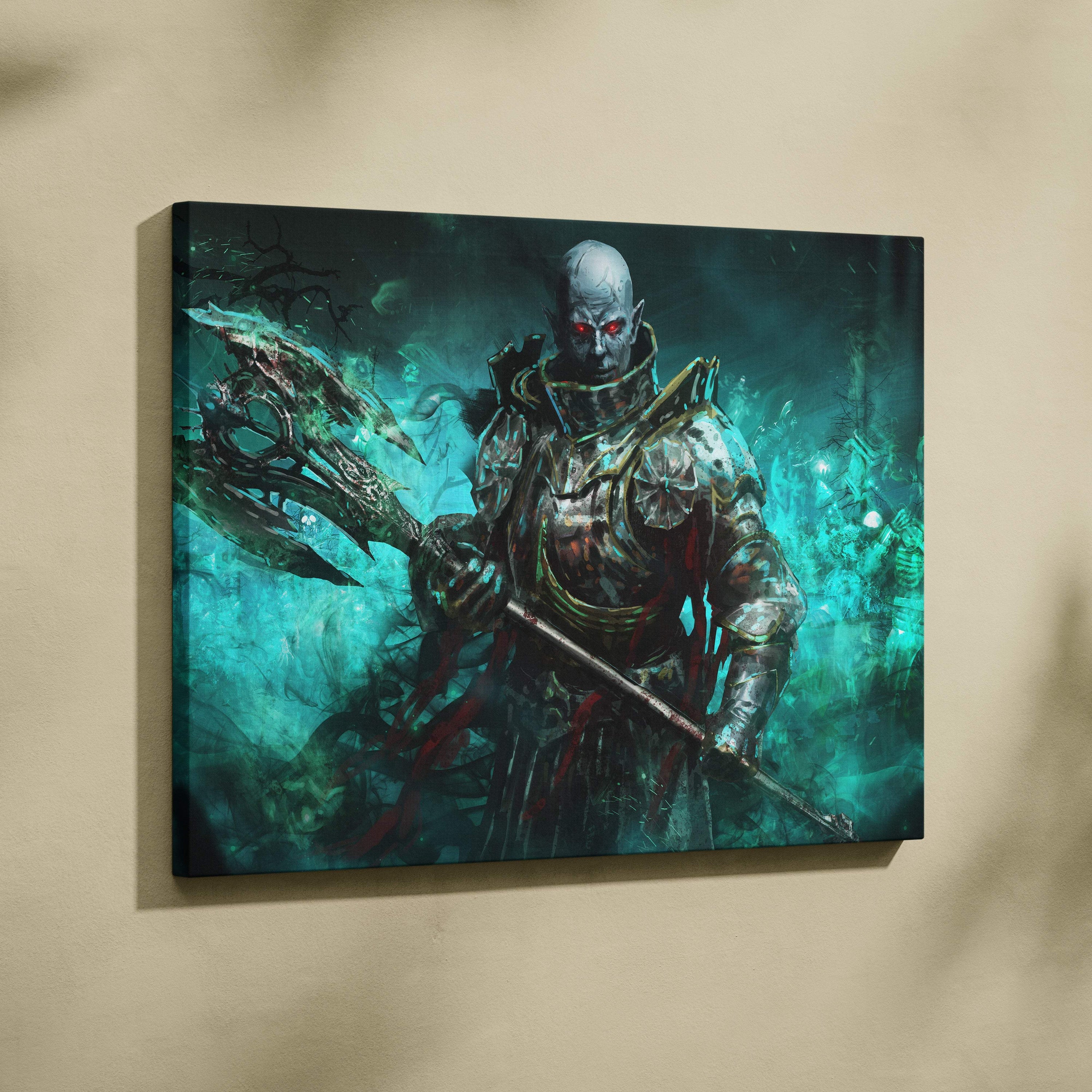 Dark fantasy undead warrior canvas wall art featuring a teal green and black necromancer knight with glowing red eyes