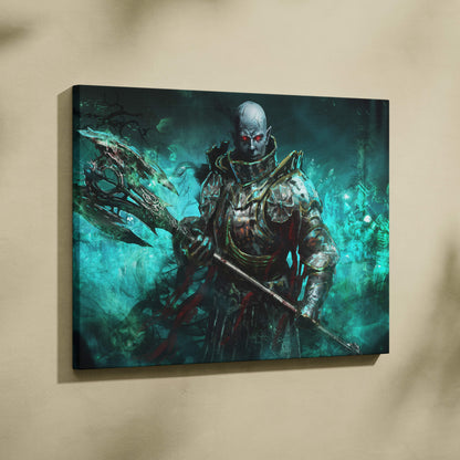 Dark fantasy undead warrior canvas wall art featuring a teal green and black necromancer knight with glowing red eyes