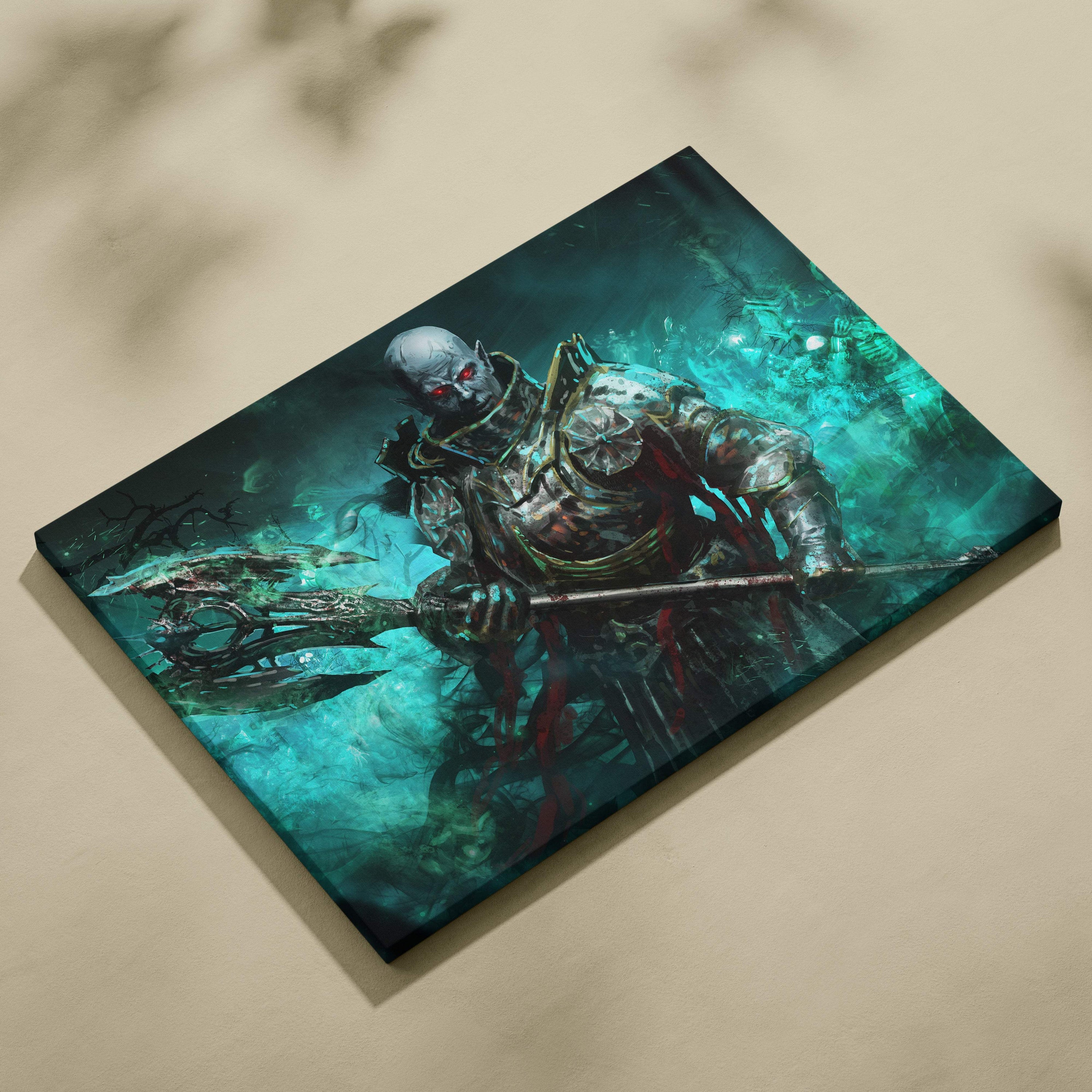 Dark fantasy undead warrior canvas wall art with glowing red eyes dark metallic armor and teal swirling background