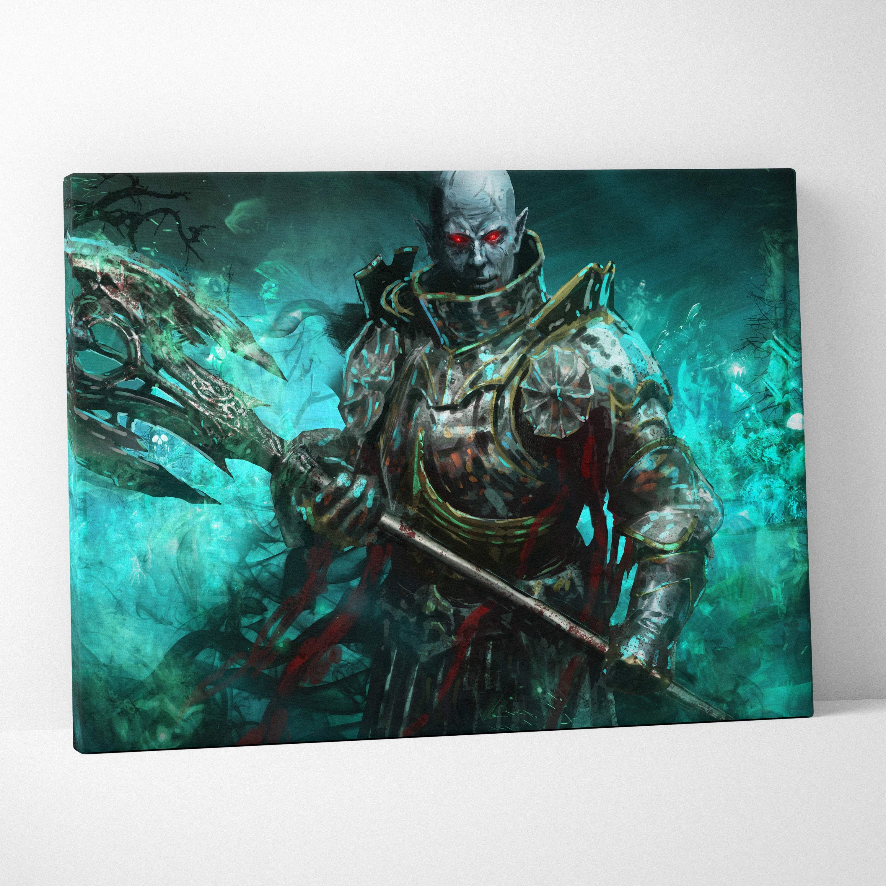 Dark fantasy undead warrior canvas wall art featuring a menacing armored necromancer knight with glowing red eyes