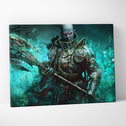 Dark fantasy undead warrior canvas wall art featuring a menacing armored necromancer knight with glowing red eyes